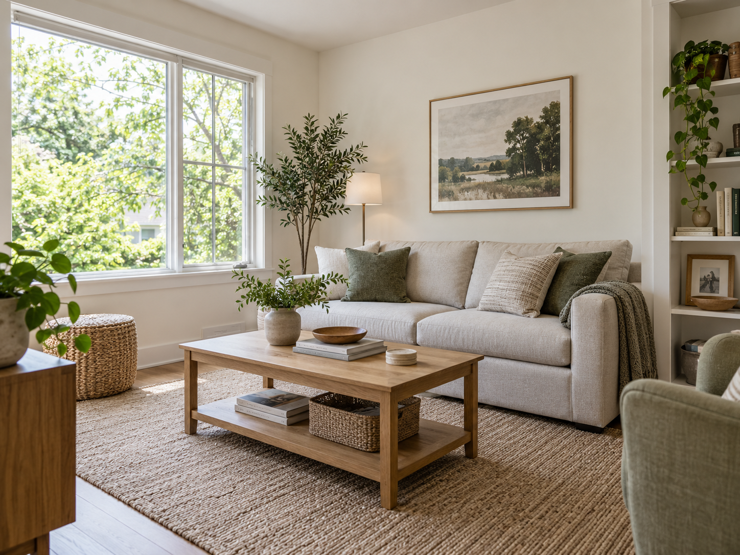 Bright living room with an oatmeal sofa, oak table, and leafy view through a large window.