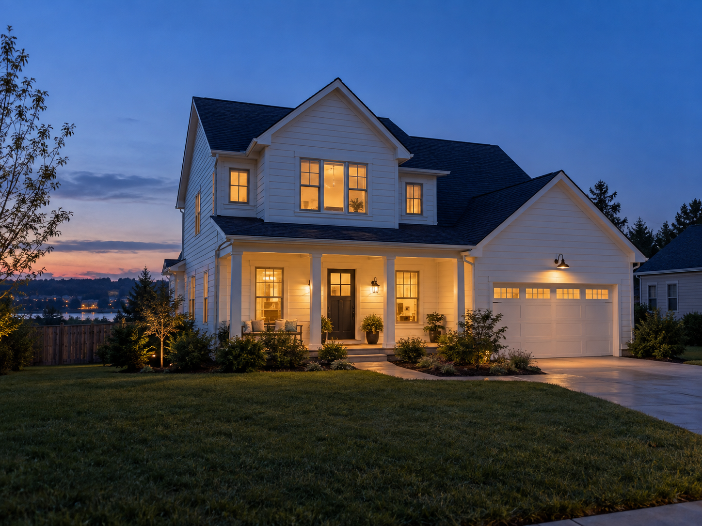 White two-story house at twilight with warm windows, porch lights, and a dusky blue sky.