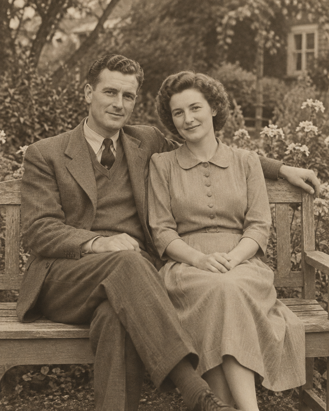 Restored sepia photograph of a seated couple on a wooden garden bench.