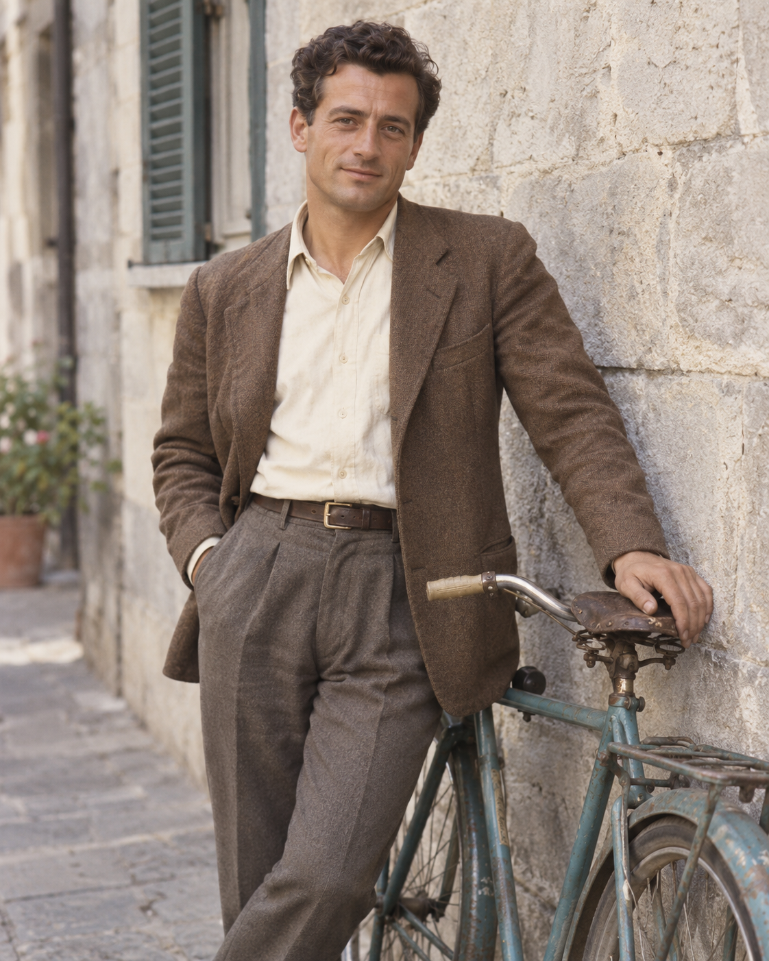 Colorized vintage-style portrait of a man in a brown jacket beside a teal bicycle.