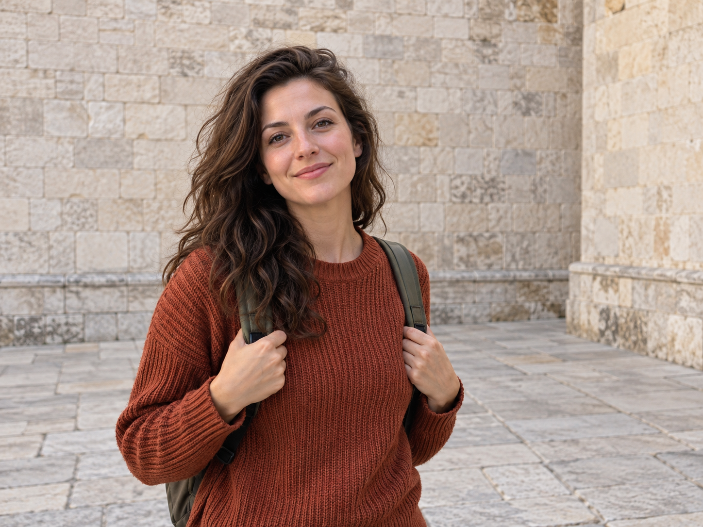 Traveler in a rust sweater in a stone courtyard with a clean pale wall behind them.
