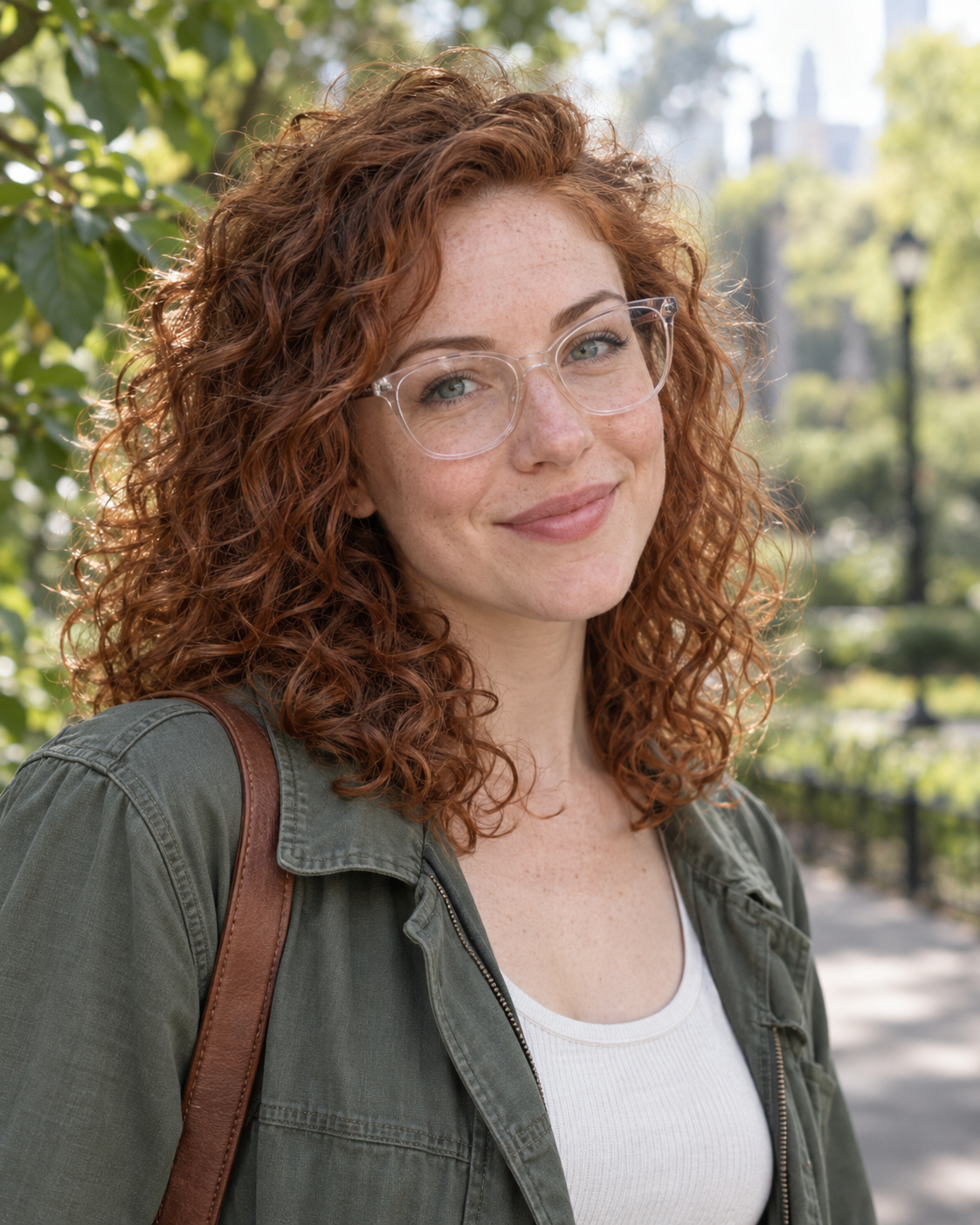 Woman with curly auburn hair and glasses in sharp focus against softly blurred park trees.