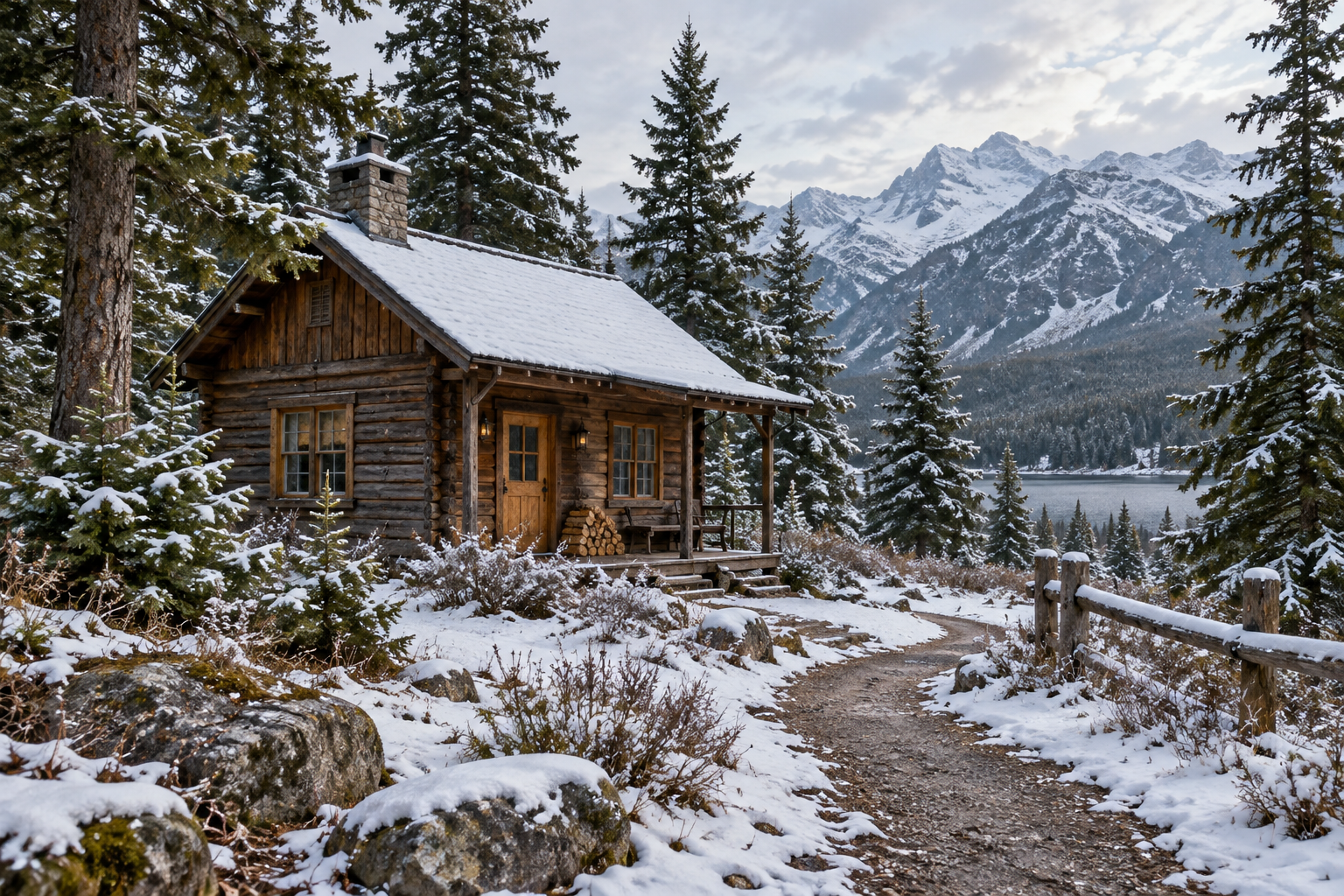 Wooden cabin and evergreen trees with light snow covering the roof, path edges, and ground.