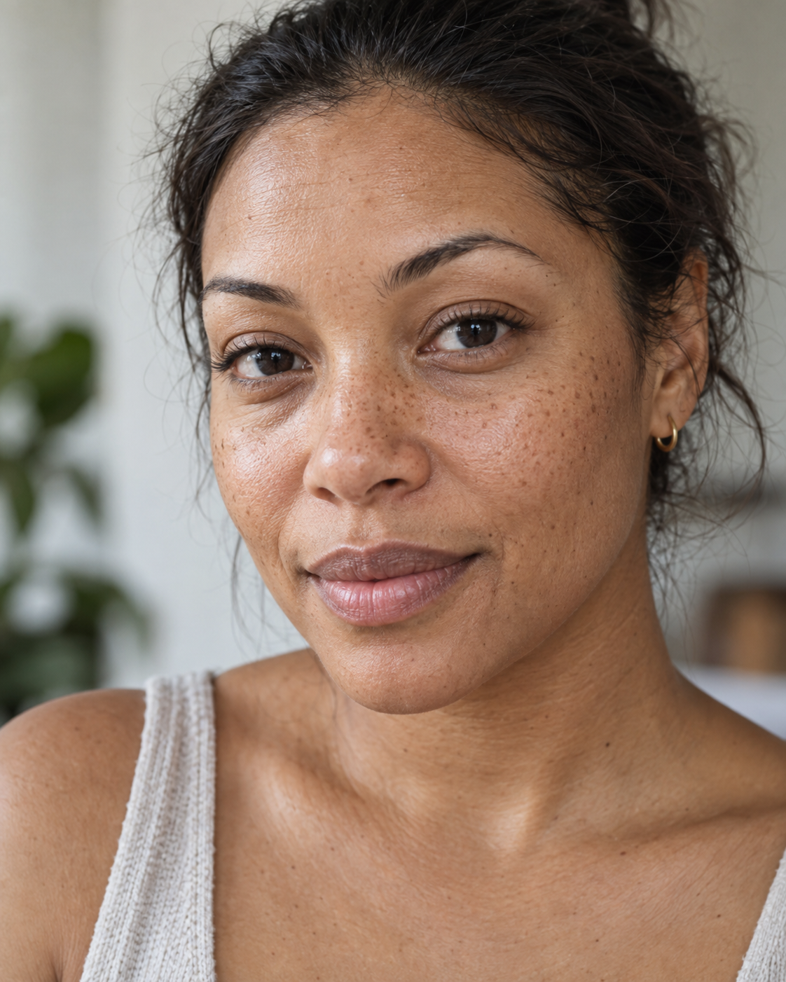 Close portrait of a freckled woman with natural skin texture in soft daylight.