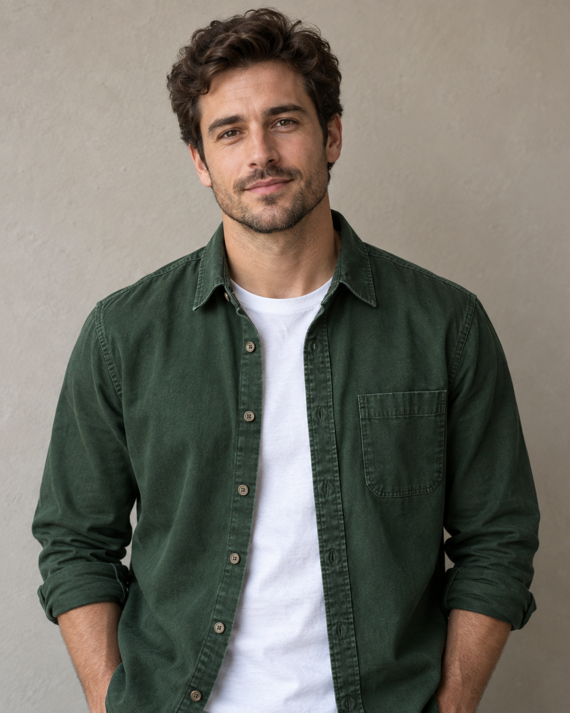 Man in a forest-green cotton overshirt with visible seams and folds against a gray wall.