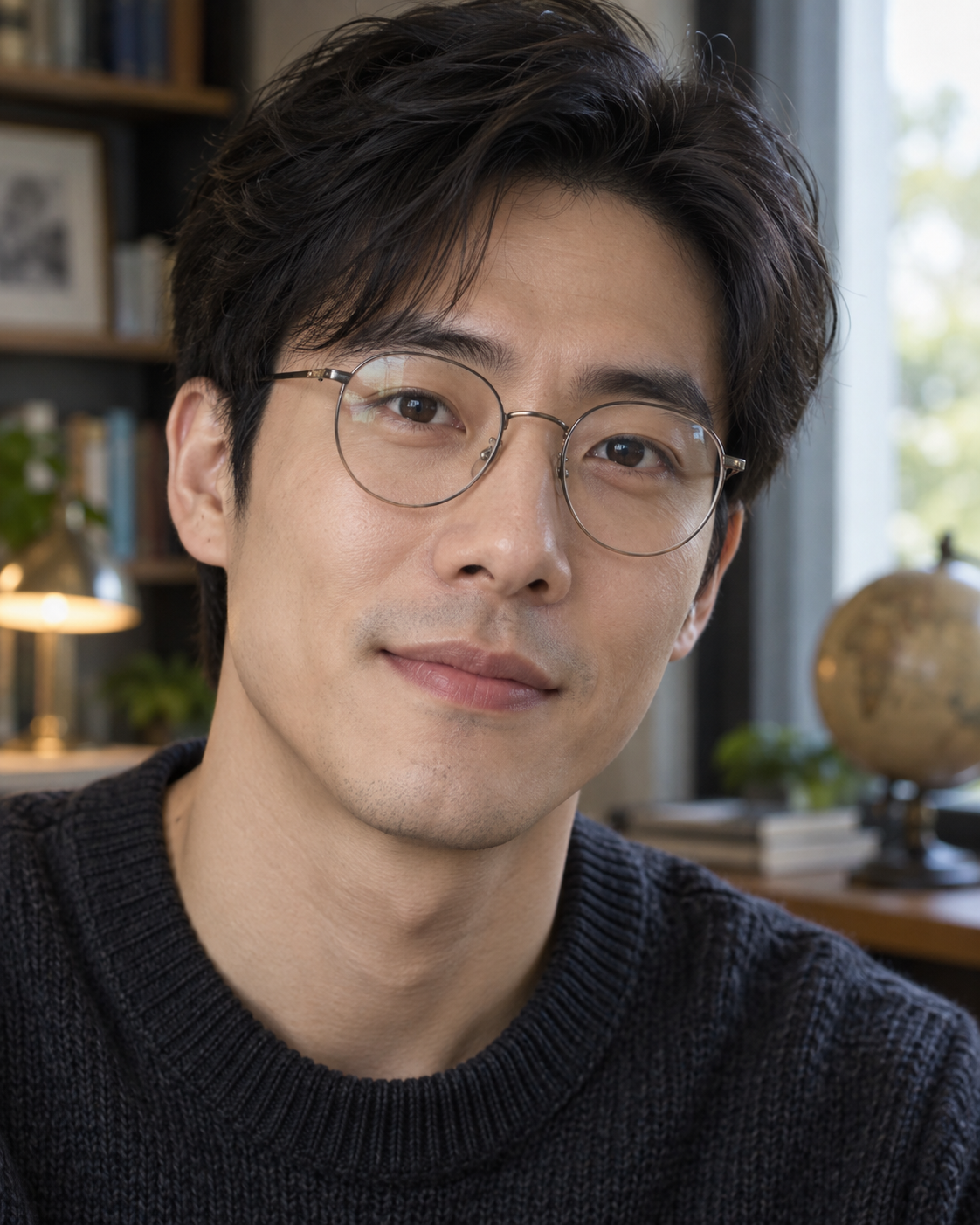 Man wearing round metal glasses with clearly visible eyes and faint window reflections.