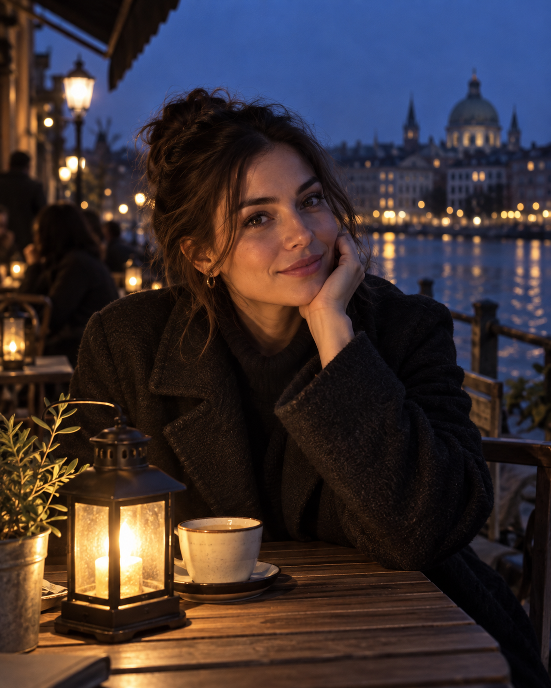 Woman at an outdoor cafe at dusk, with her face softly illuminated by a table lantern.