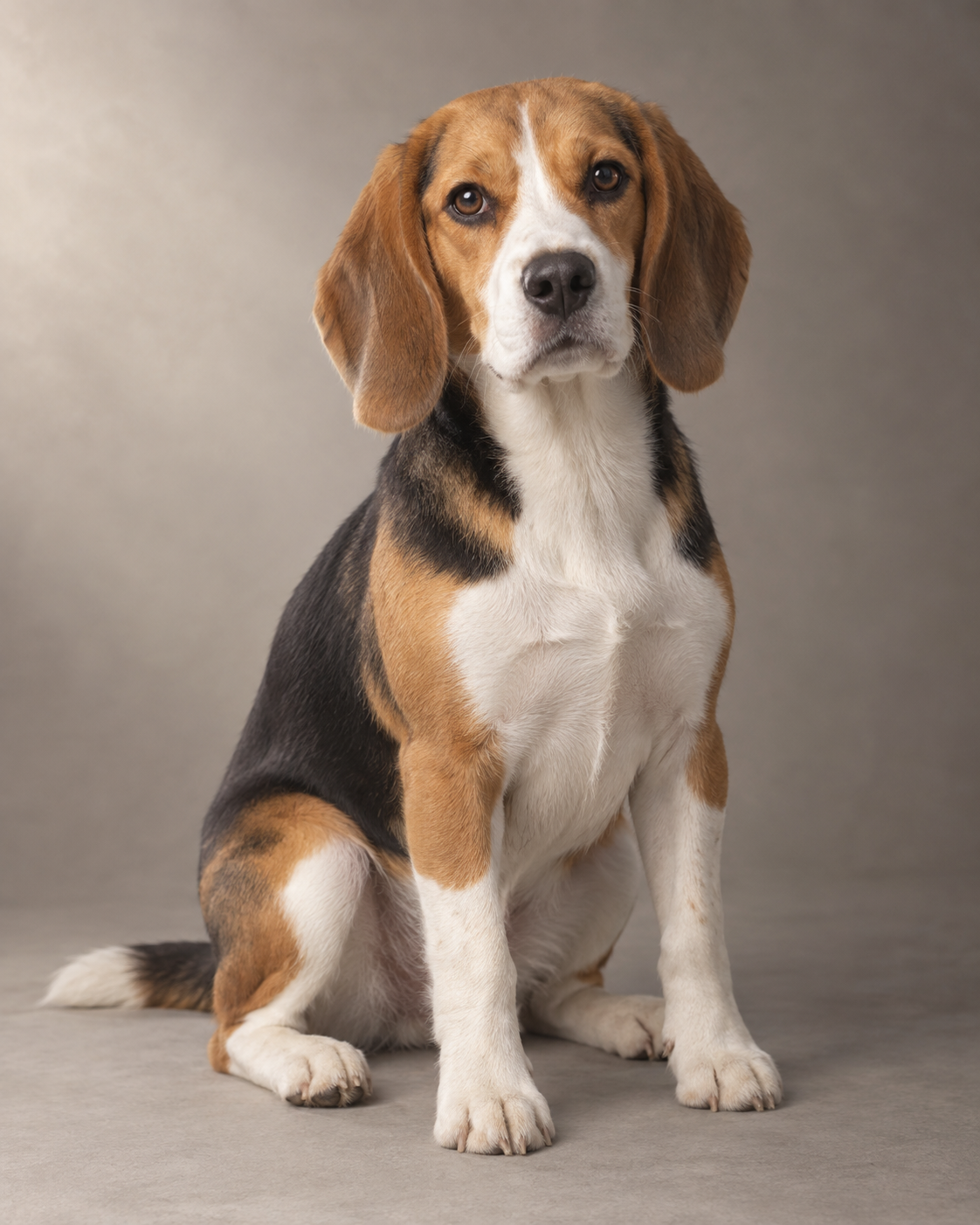 Tricolor beagle seated against a warm-gray backdrop with softly lit fur and visible whiskers.