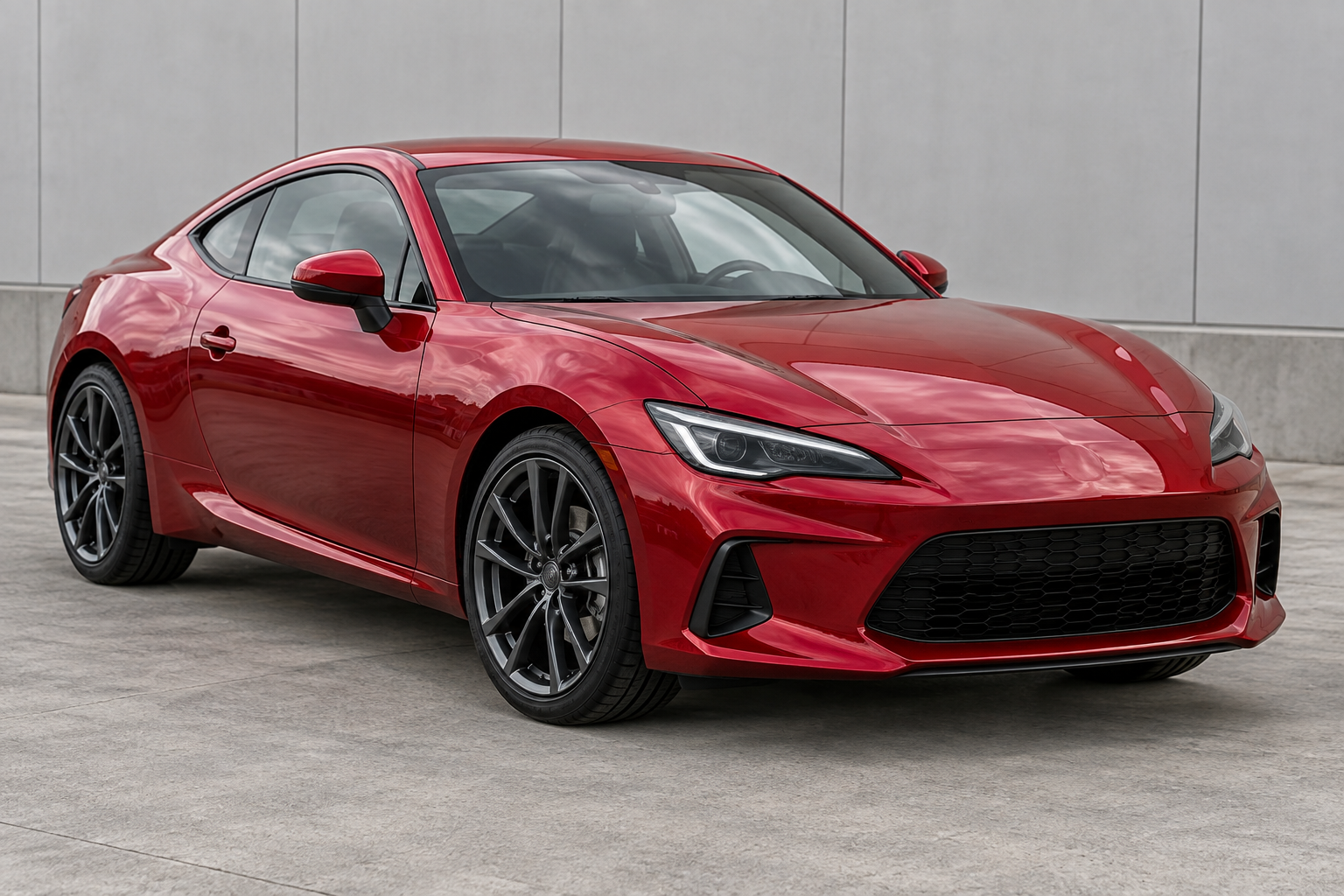 Deep-red sports coupe beside an industrial wall with soft reflections across its hood.