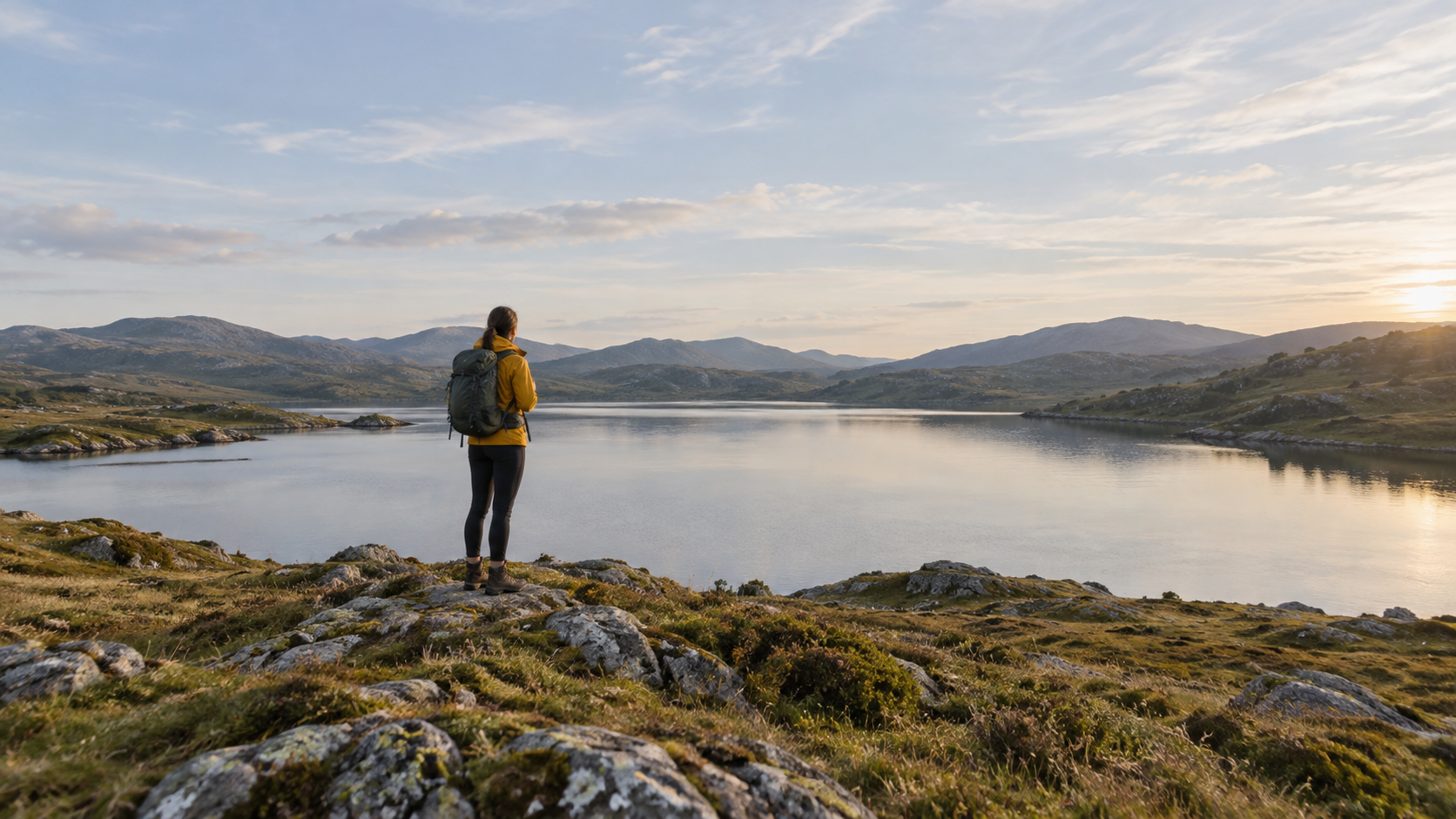 Hiker in a mustard jacket beside a lake in a wide landscape with low distant hills.