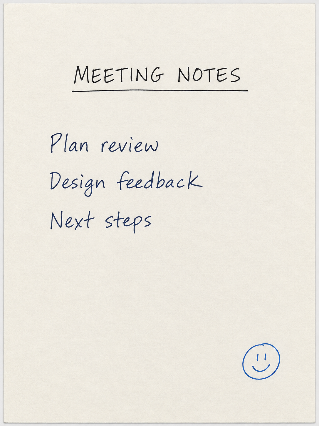 Cream page with a Meeting Notes heading, three handwritten items, and a small blue circular doodle.