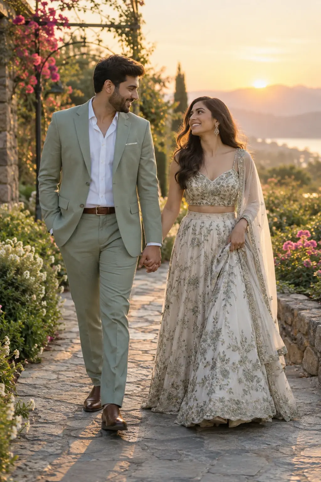 Adult couple in sage and ivory outfits walking hand in hand through a garden at sunrise.