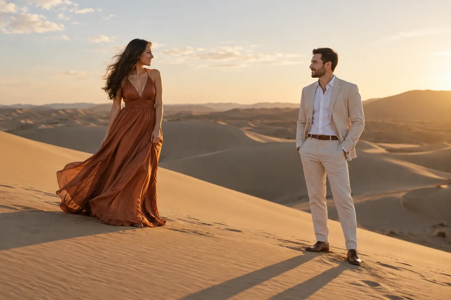 Couple facing each other on a desert dune in rust and cream formalwear.