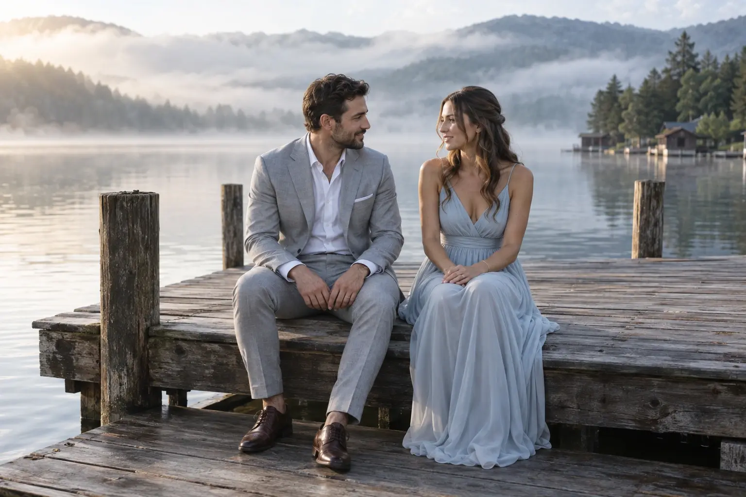 Couple seated on a wooden lakeside jetty with a misty shoreline behind them.