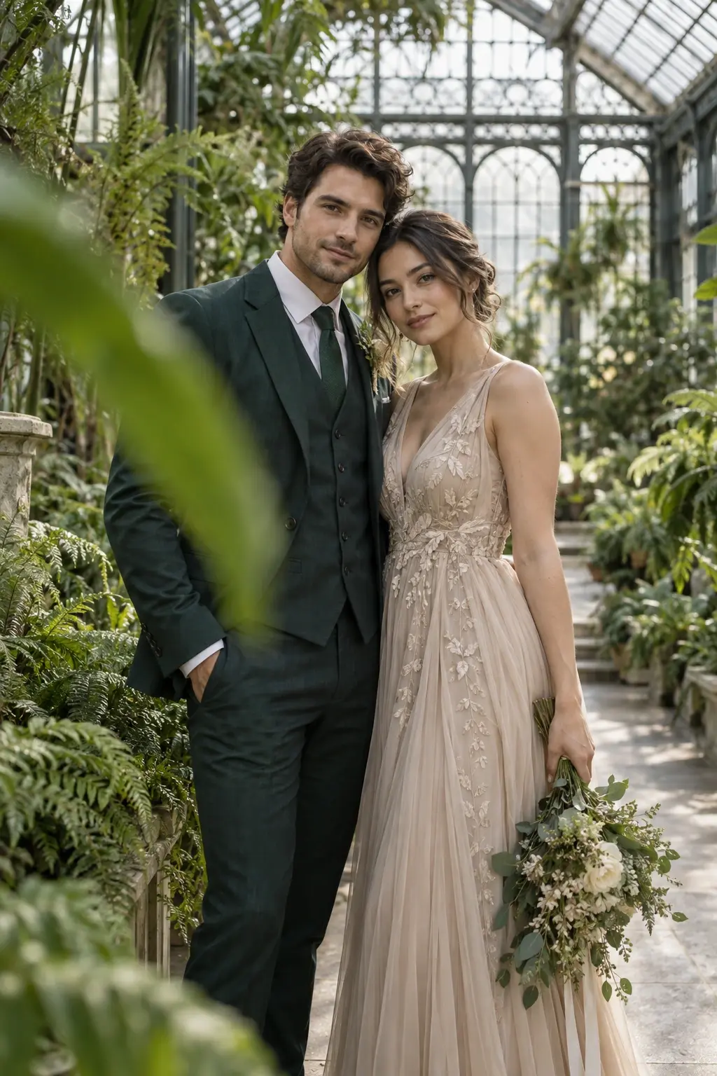 Couple in green and beige formalwear standing on a fern-lined glasshouse walkway.