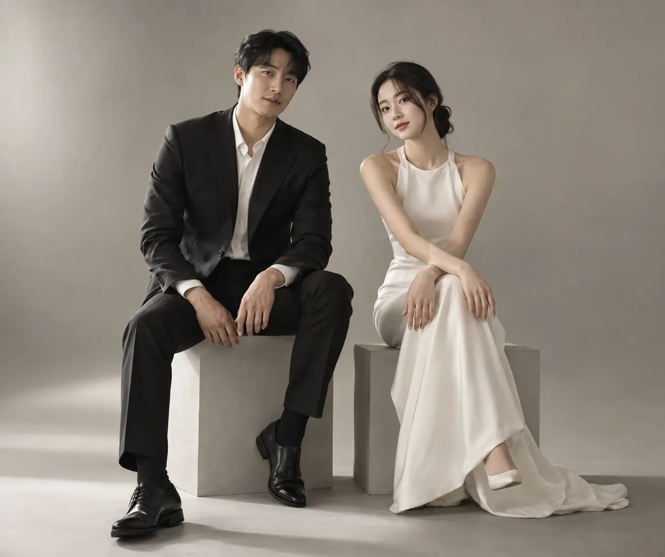 Couple in black and ivory tailored outfits seated on studio plinths against warm gray.