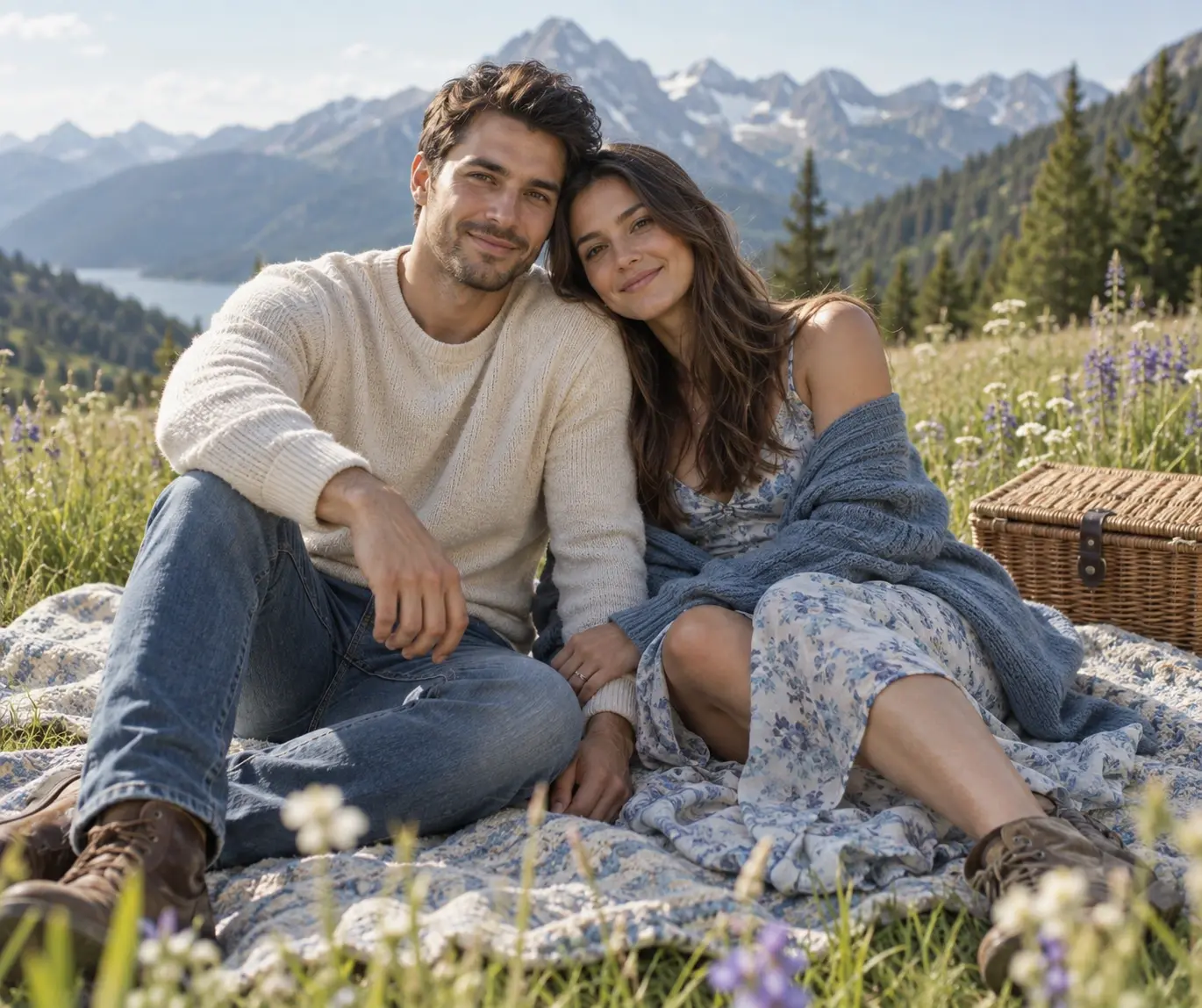 Couple seated on a picnic blanket in a wildflower meadow beneath a distant mountain ridge.