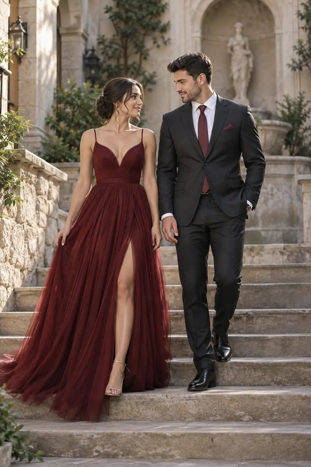 Couple in burgundy and charcoal formalwear posed on a broad courtyard staircase.