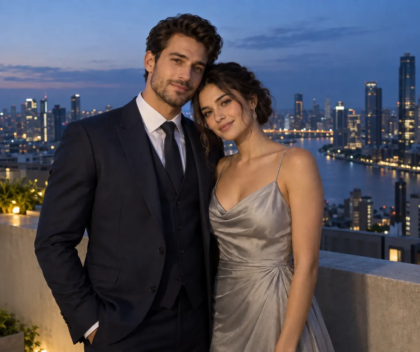 Couple in evening outfits on a rooftop terrace with a softly blurred blue-hour skyline.