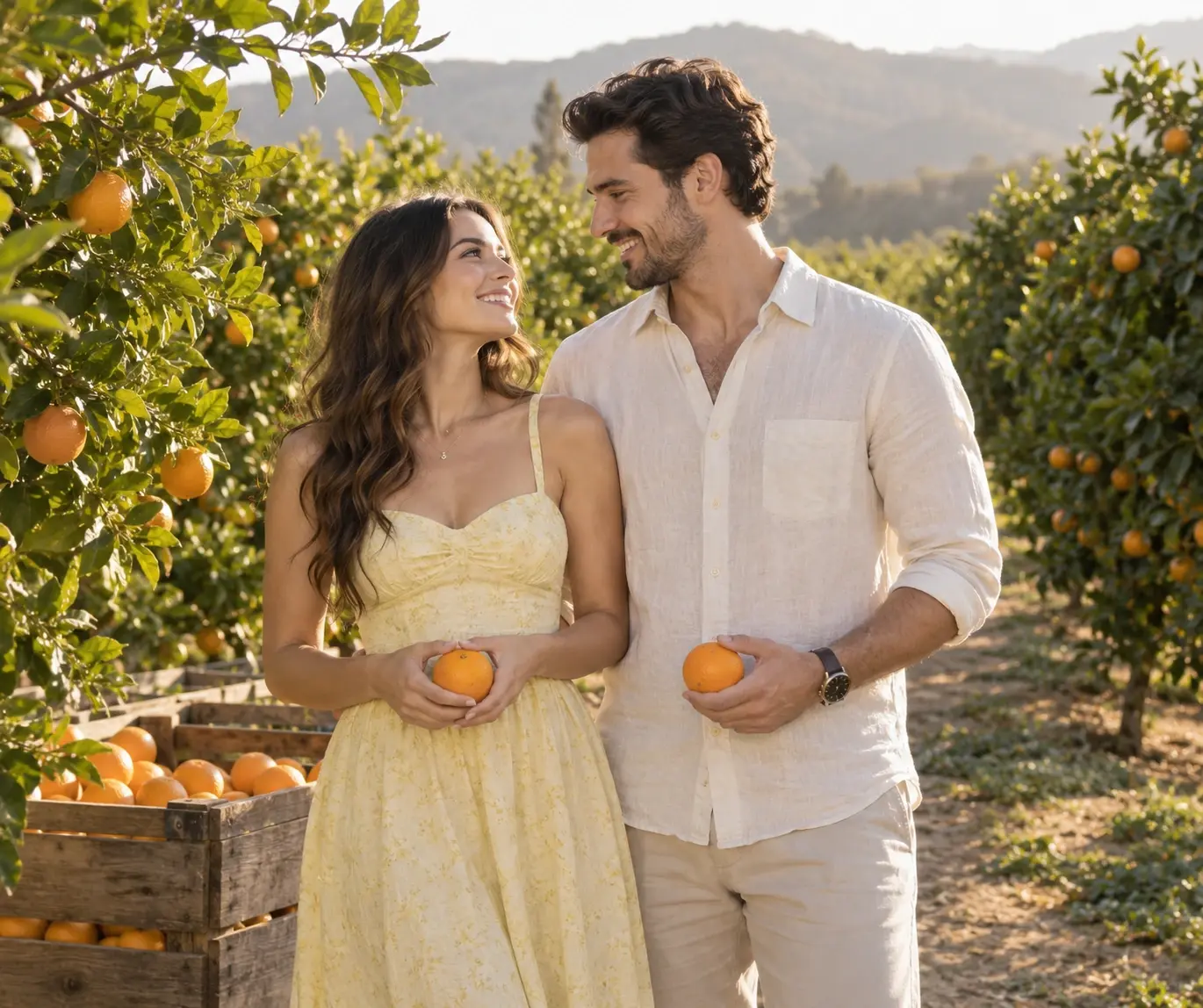 Couple holding oranges beside a wooden crate in a sunlit citrus orchard.