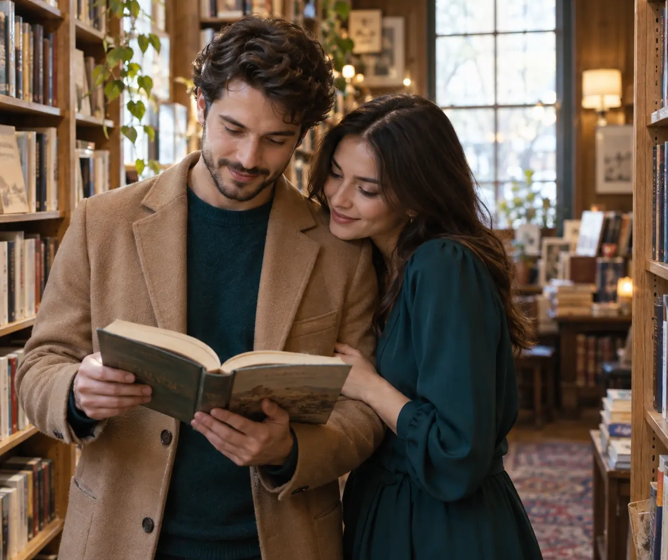 Couple sharing an open book in a warmly lit bookshop aisle.