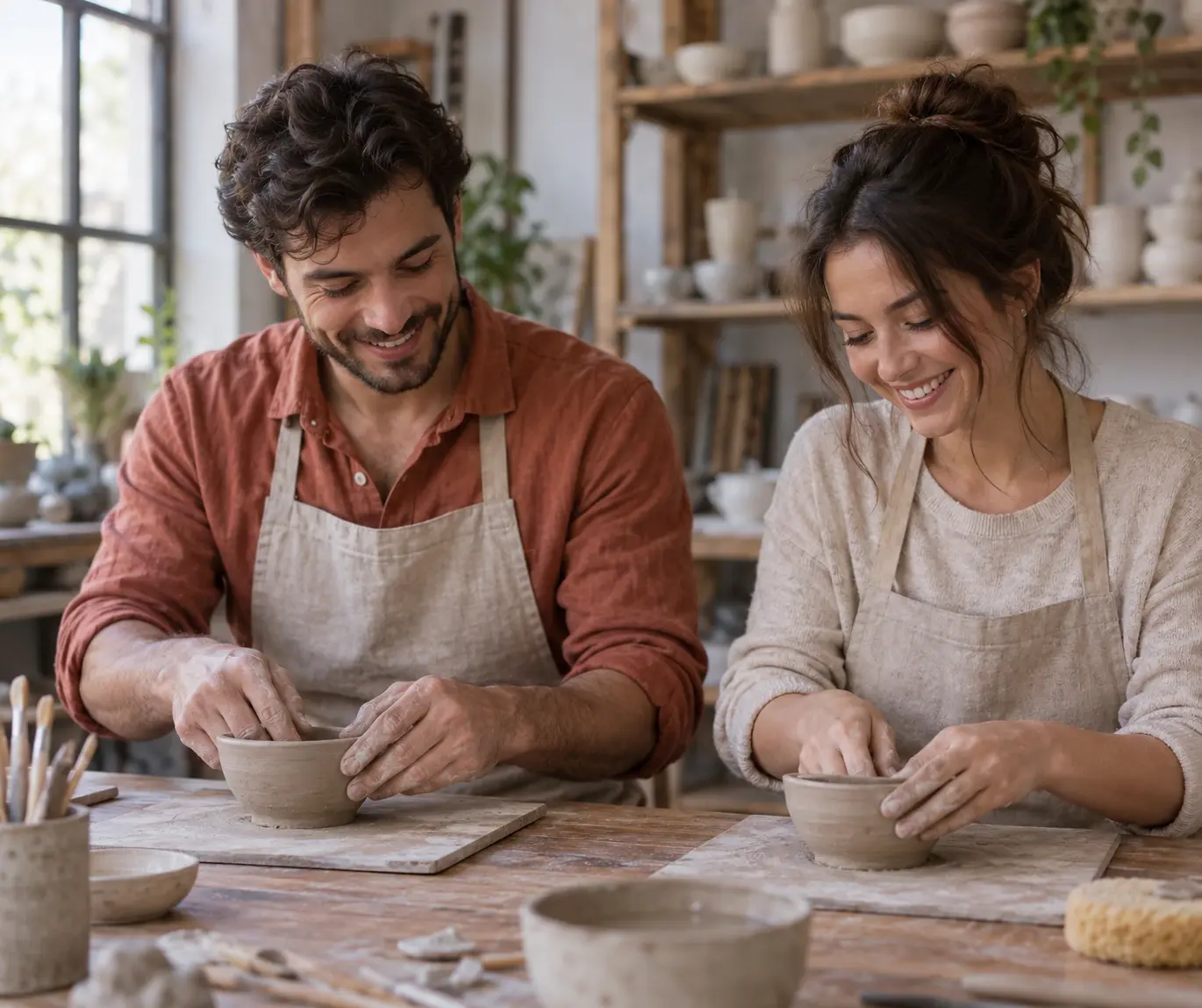 Couple making separate clay bowls together at a pottery studio worktable.