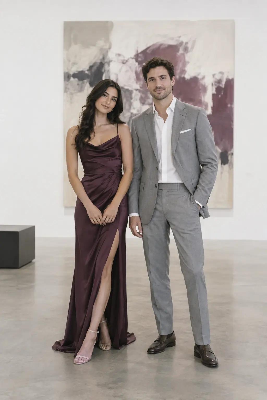 Couple in tailored outfits standing in a white gallery with an abstract canvas behind them.
