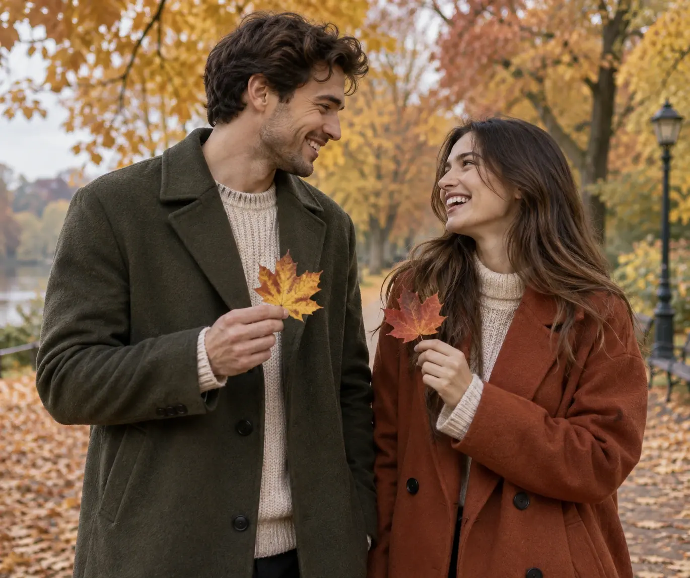 Couple laughing and holding autumn leaves on an amber tree-lined park path.