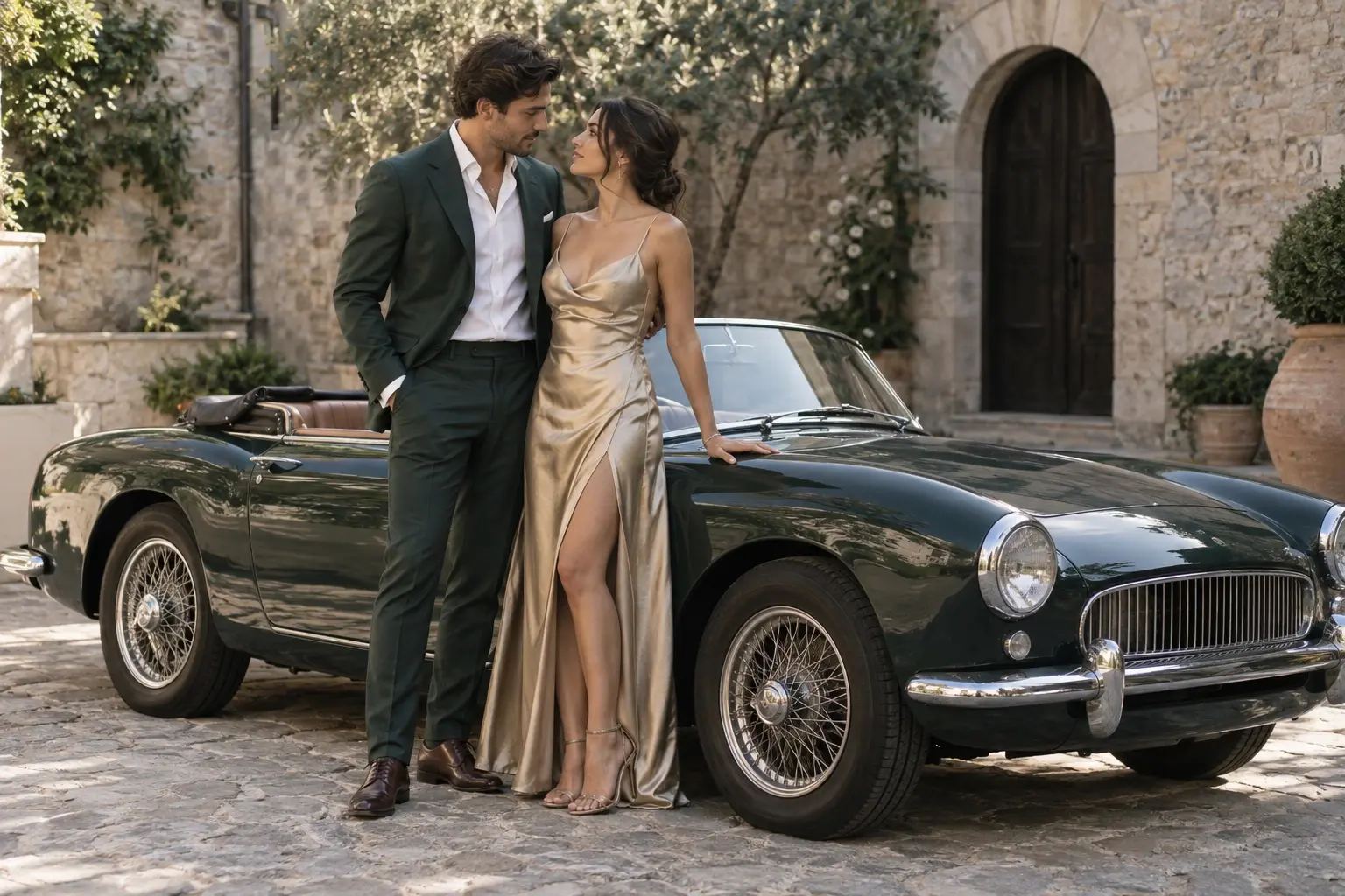 Couple in emerald and champagne eveningwear standing beside a parked vintage convertible.