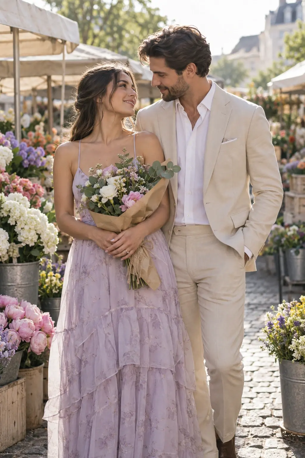 Couple sharing a quiet moment with a bouquet at a morning flower market.