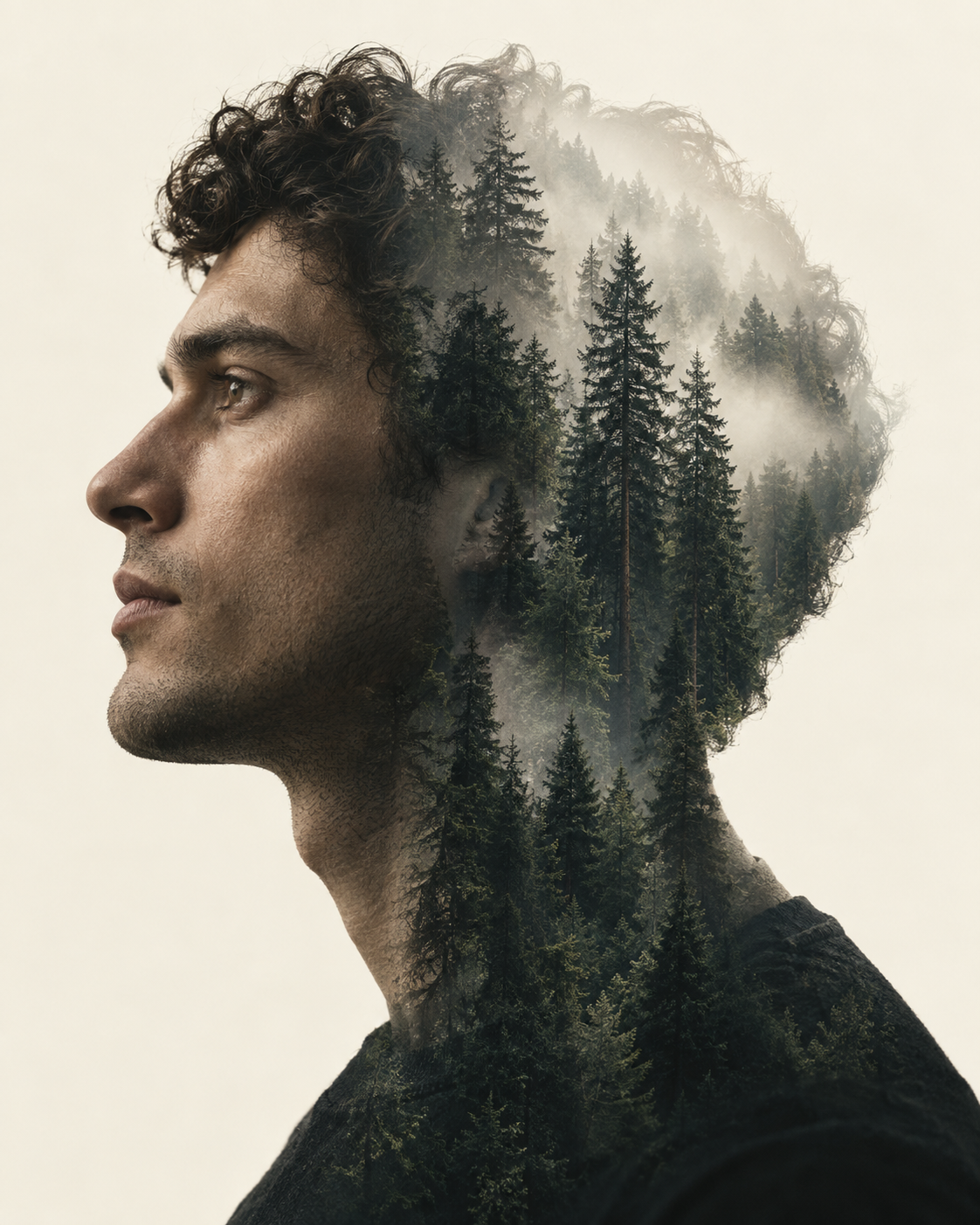Double-exposure artwork of an adult with short curly hair facing left, blended with forest canopy imagery.