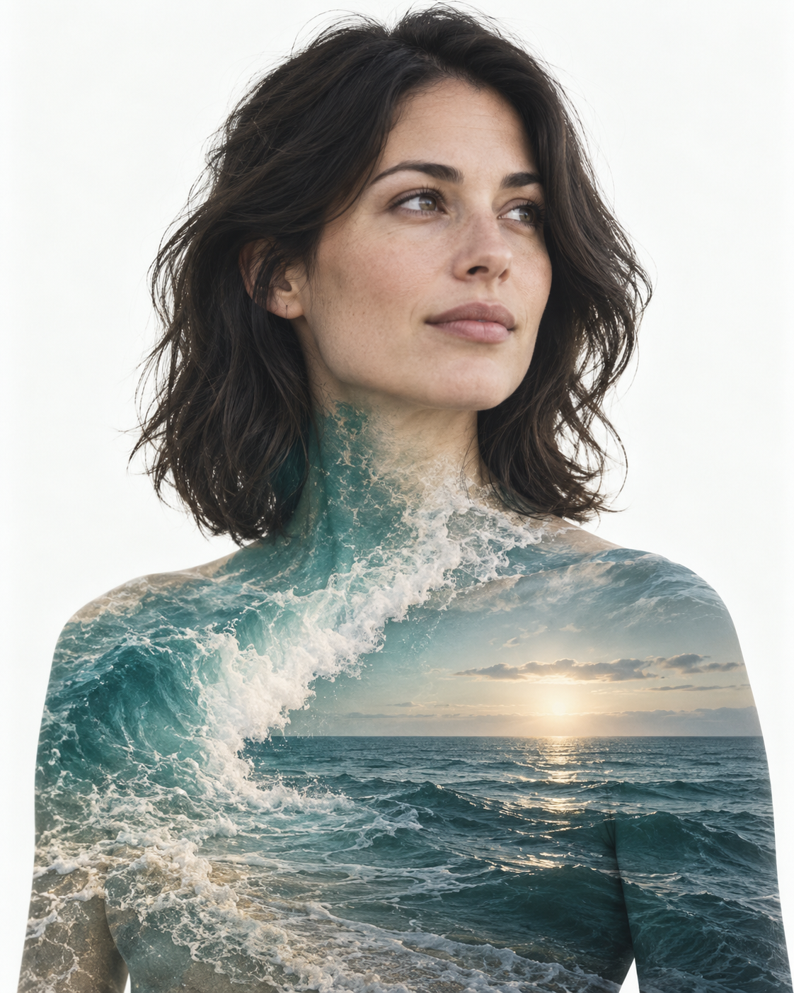 Double-exposure artwork of an adult with shoulder-length dark hair looking slightly right, blended with ocean wave imagery.