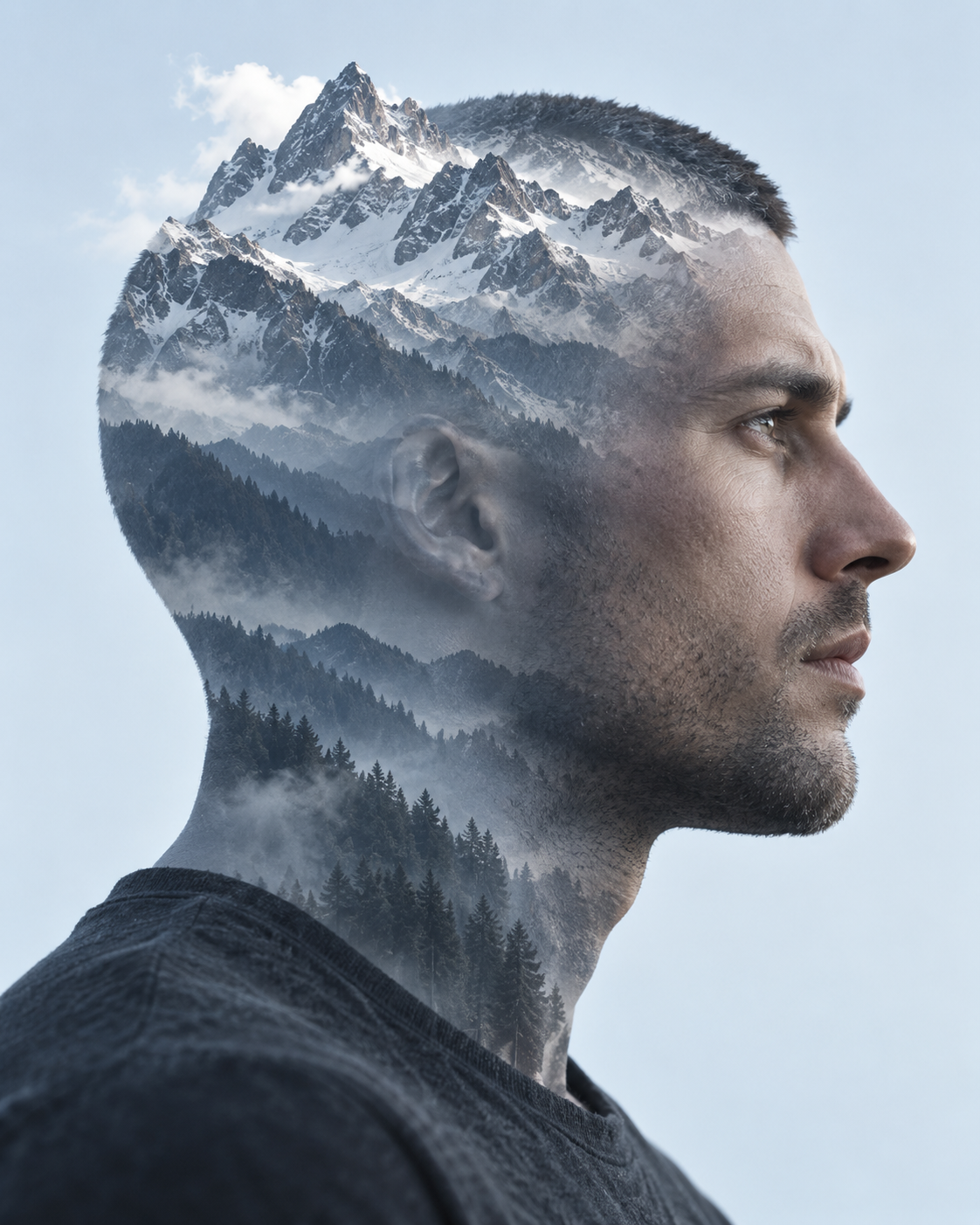 Double-exposure artwork of an adult with a close-cropped hairstyle facing right, blended with mountain ridge imagery.