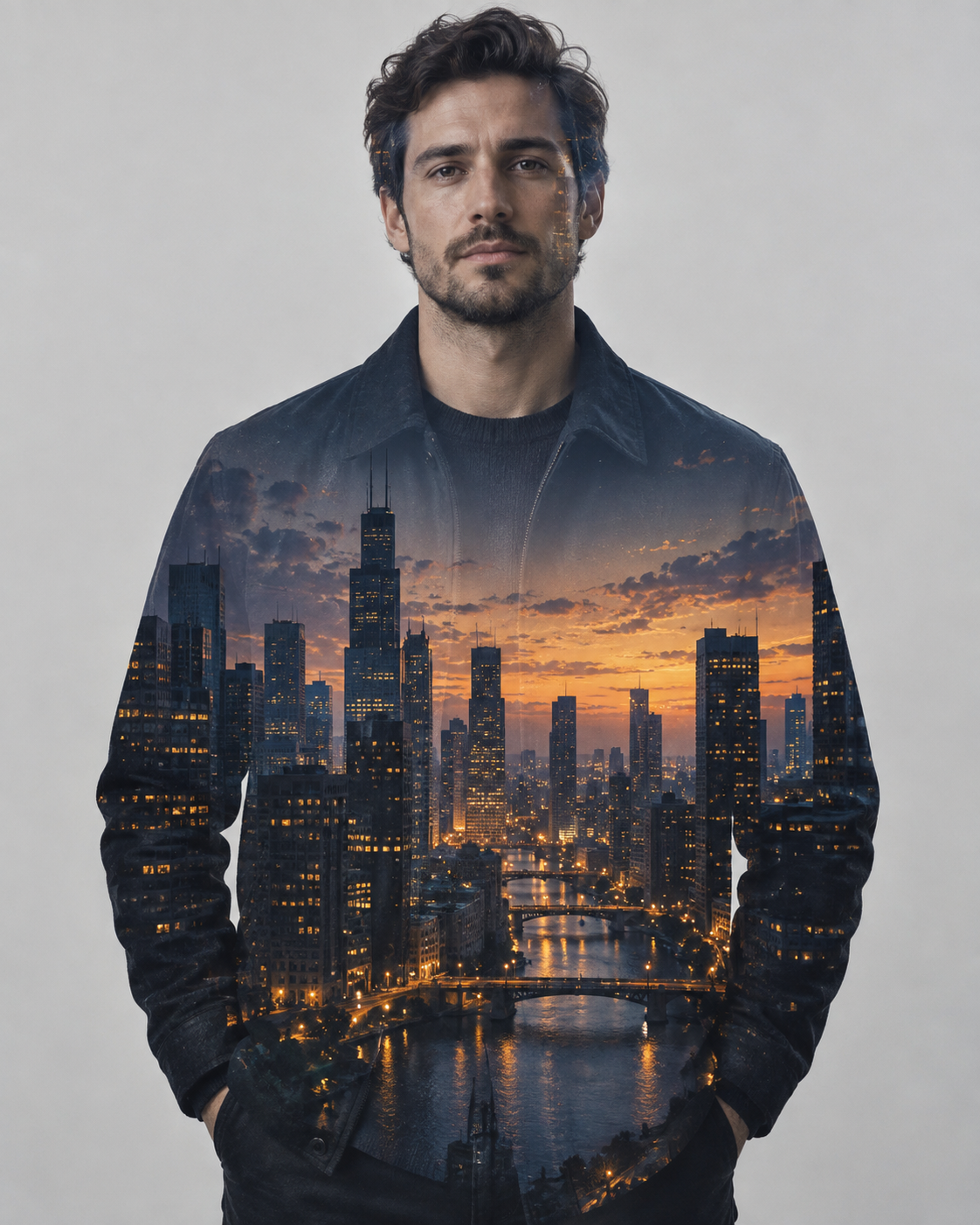 Double-exposure artwork of an adult in a plain dark jacket facing the camera, blended with city skyline imagery.