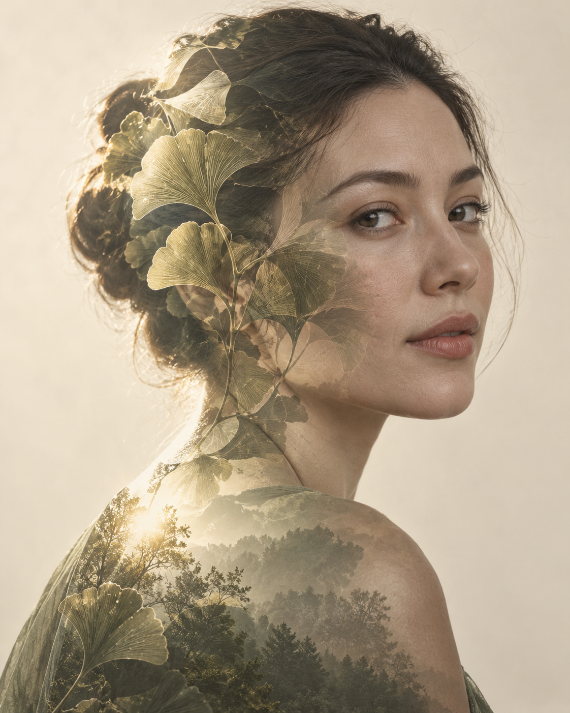 Double-exposure artwork of an adult with tied-back hair and a calm expression, blended with botanical leaves imagery.