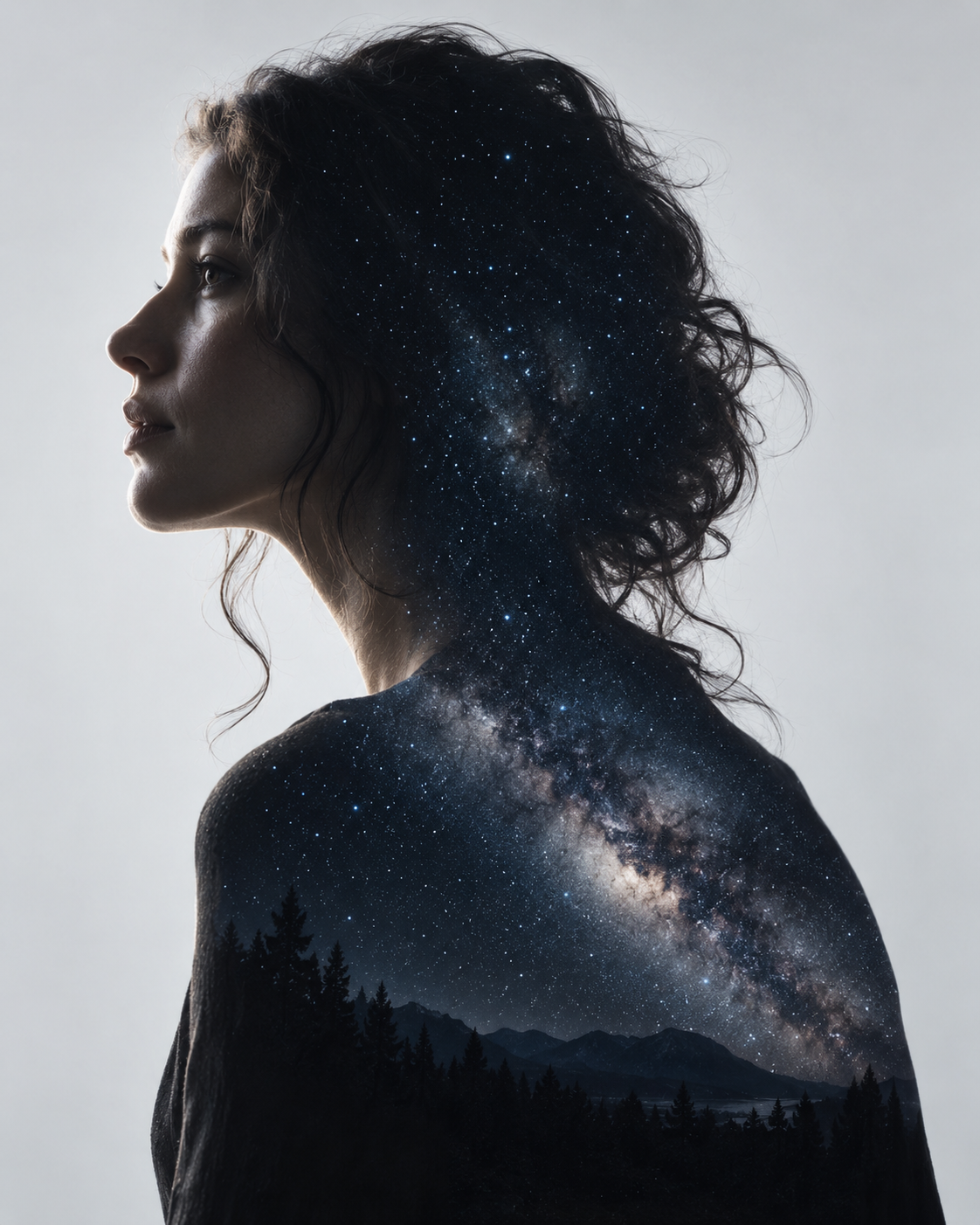 Double-exposure artwork of an adult with wavy hair facing left, blended with star field imagery.