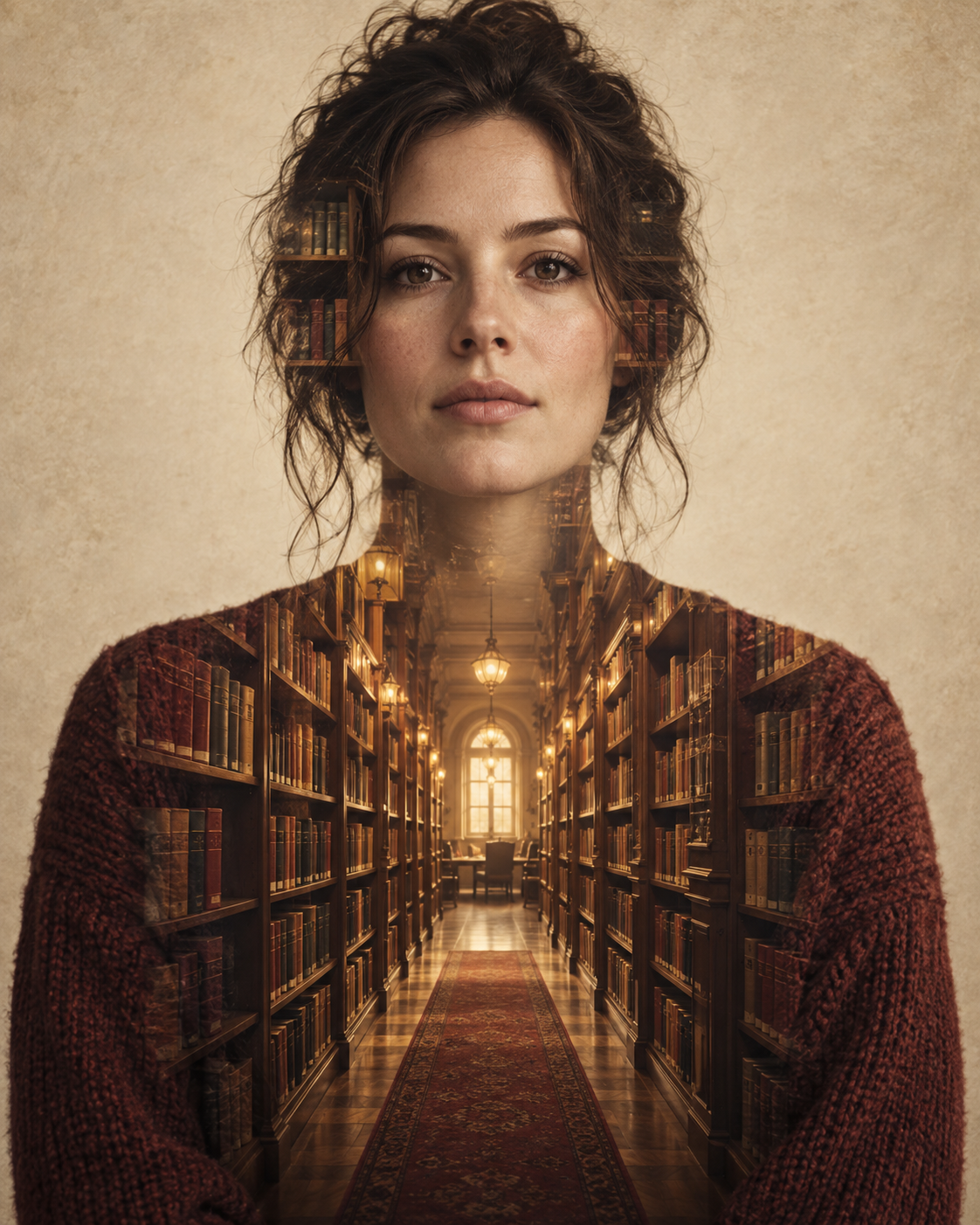 Double-exposure artwork of an adult wearing a plain sweater and looking forward, blended with library interior imagery.