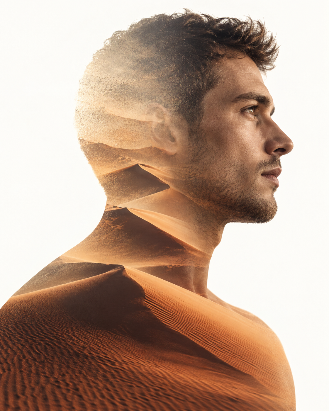Double-exposure artwork of an adult with short hair facing right, blended with desert dunes imagery.