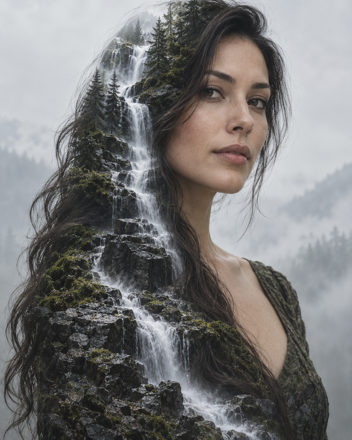 Double-exposure artwork of an adult with long dark hair over the left shoulder, blended with waterfall blend imagery.