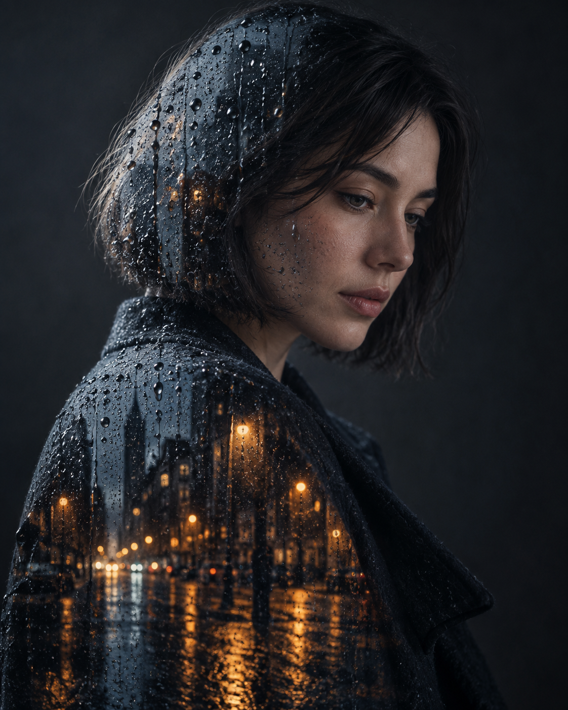 Double-exposure artwork of an adult with a short bob looking slightly downward, blended with rainy glass imagery.