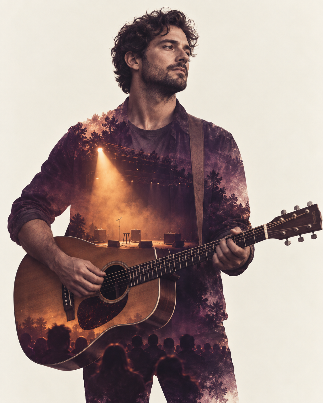 Double-exposure artwork of an adult holding an acoustic guitar at waist height, blended with music stage imagery.