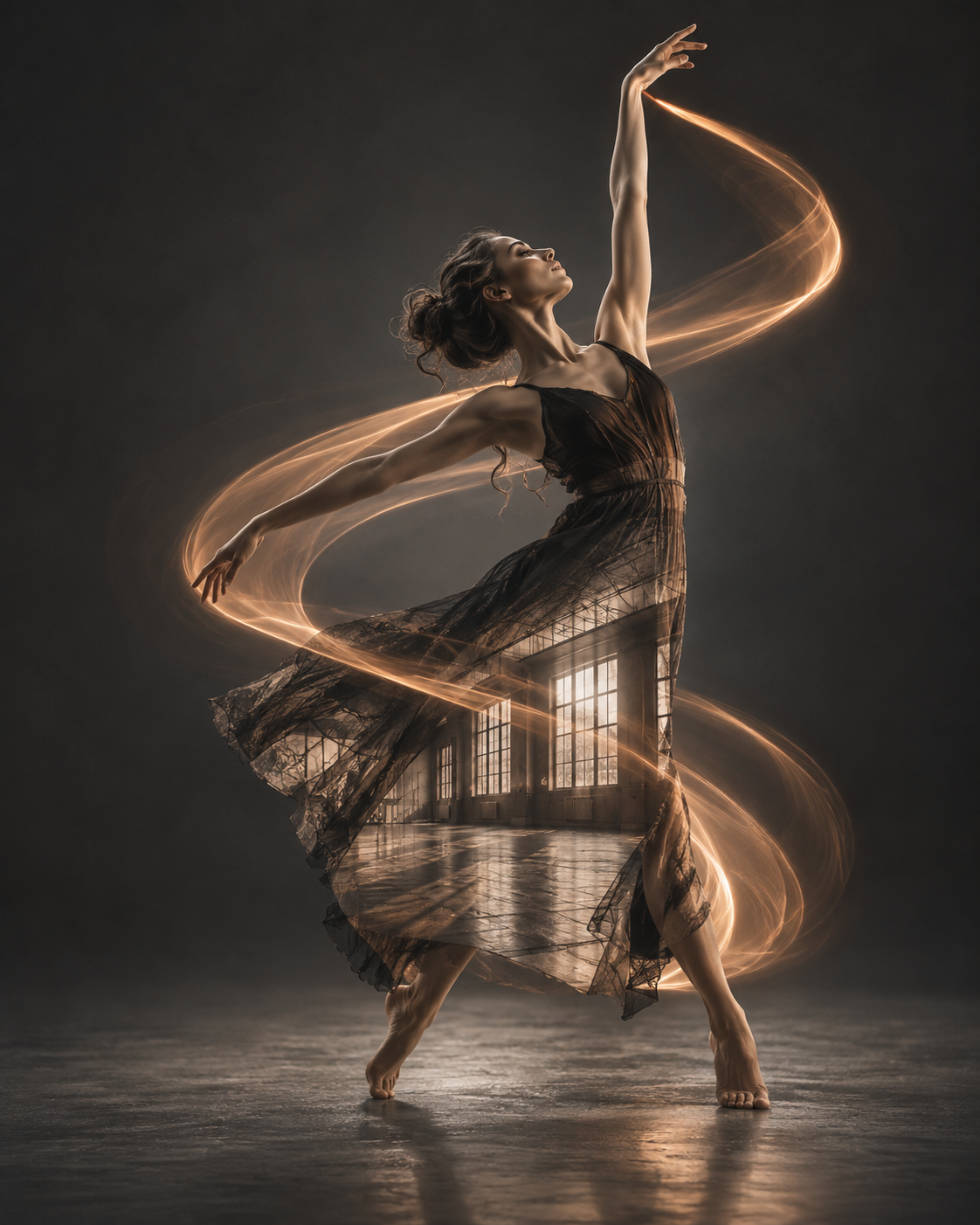 Double-exposure artwork of an adult dancer extending one arm overhead with both feet visible, blended with dance light trails imagery.