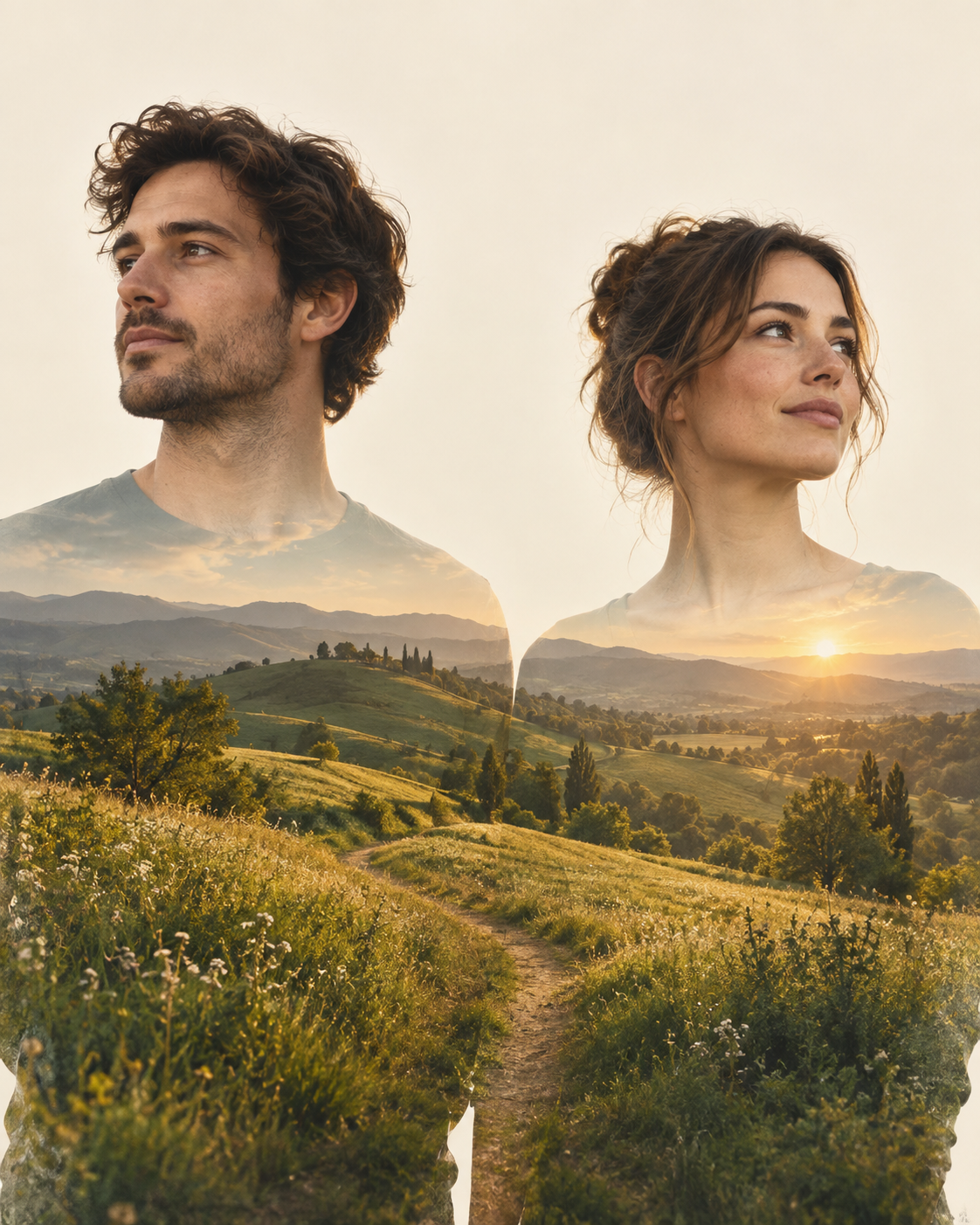 Double-exposure artwork of two adults standing side by side with a small gap between them, blended with couple landscape imagery.
