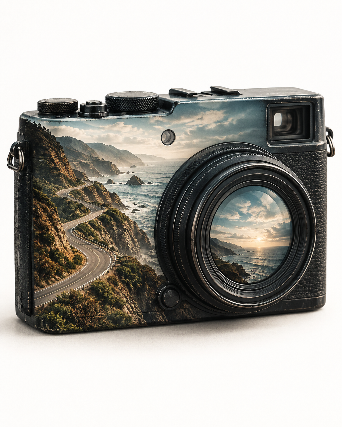 Double-exposure artwork of a black compact camera viewed from the front at a slight angle, blended with camera travel imagery.