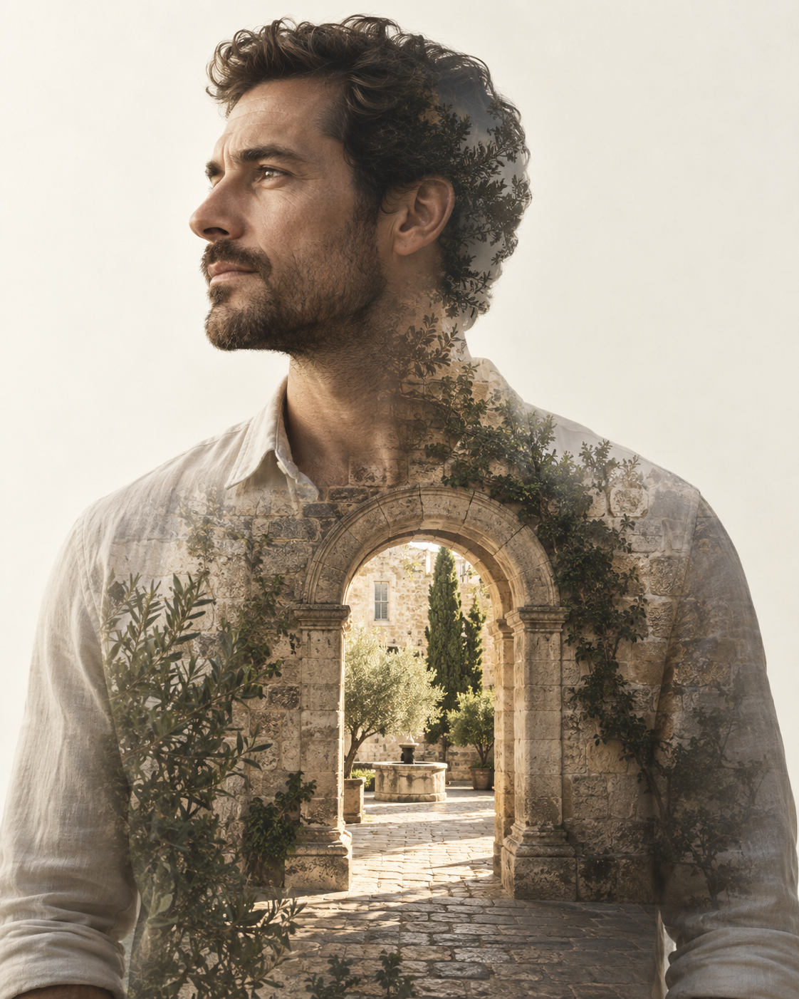 Double-exposure artwork of an adult in a plain collared shirt looking left, blended with architectural archway imagery.
