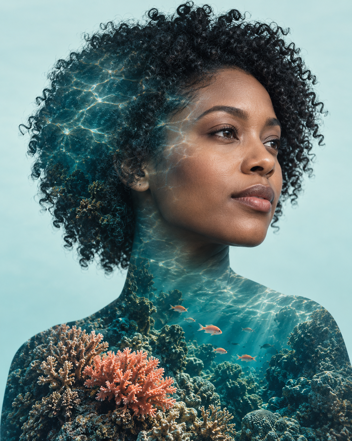 Double-exposure artwork of an adult with tightly curled hair facing three-quarter right, blended with underwater reef imagery.