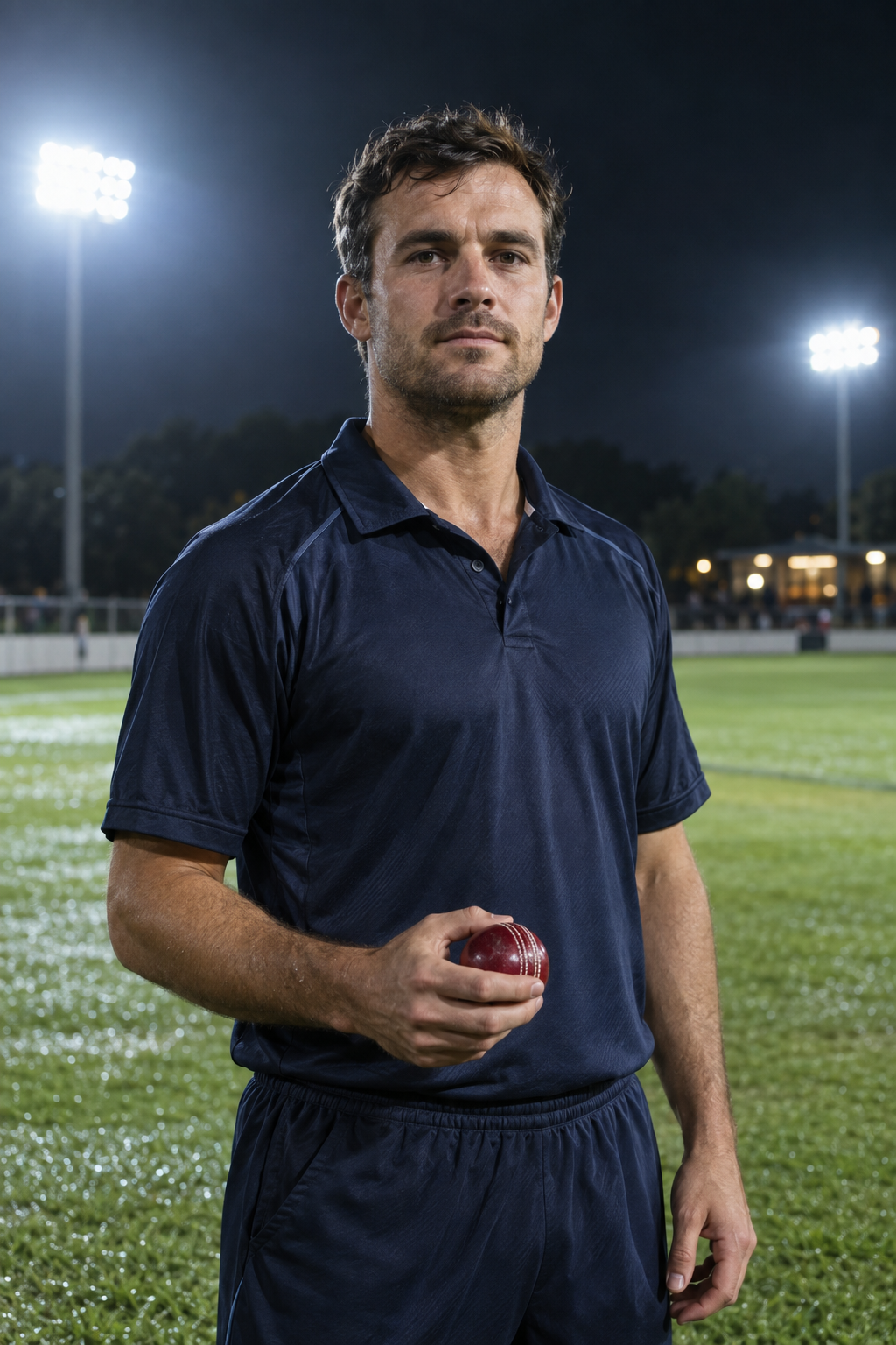 Cricket player holding a ball at the boundary under stadium floodlights.