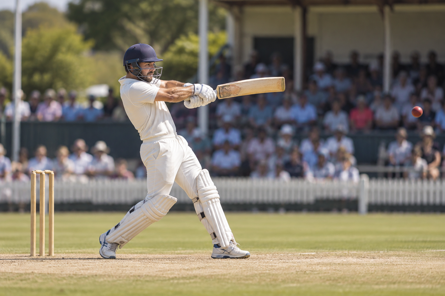 Cricket player completing a back-foot pull shot on a sunny ground.