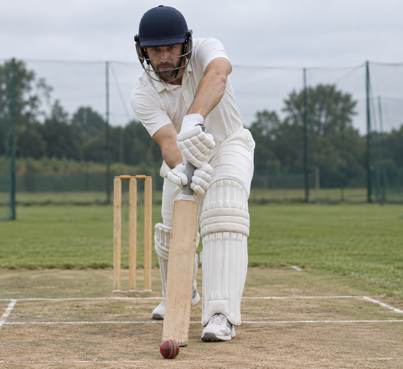 Cricket player playing a straight-bat forward defensive stroke.