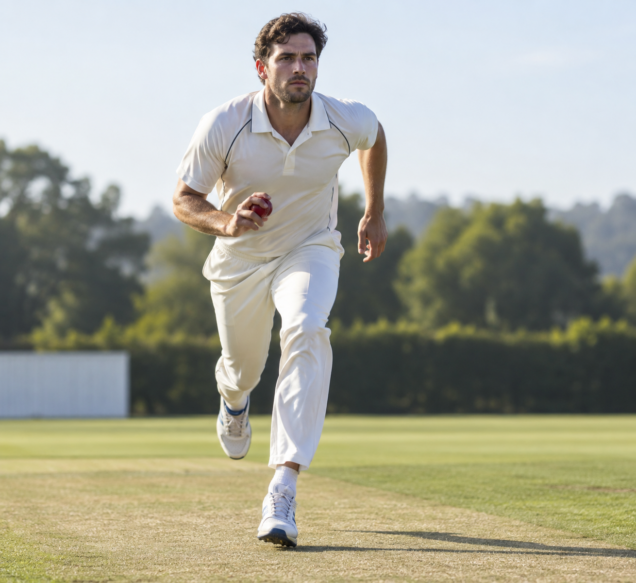 Cricket player running toward the pitch with a ball held near the torso.